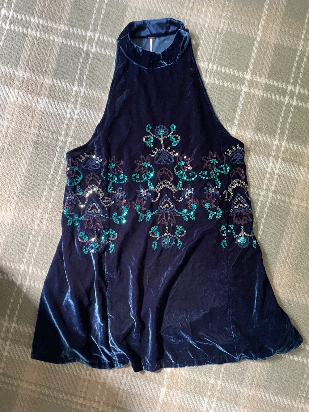 Free People Jills blue velvet sequin halter swing mini dress L